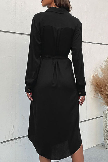 Curved Hem Belted Long Sleeve Shirt Dress