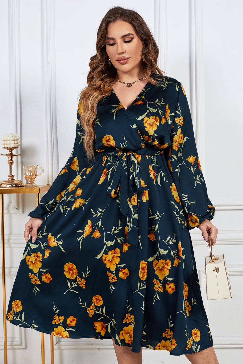 Plus Size Floral Print Surplice Neck Midi Dress