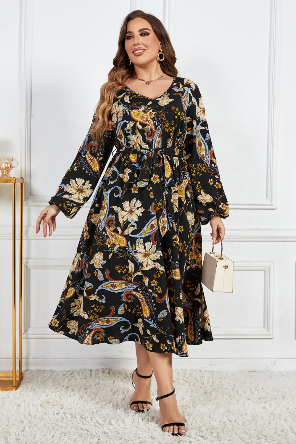 Plus Size Floral Print Tie Belt Balloon Sleeve Midi Dress