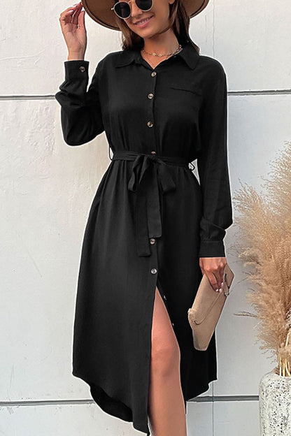 Curved Hem Belted Long Sleeve Shirt Dress