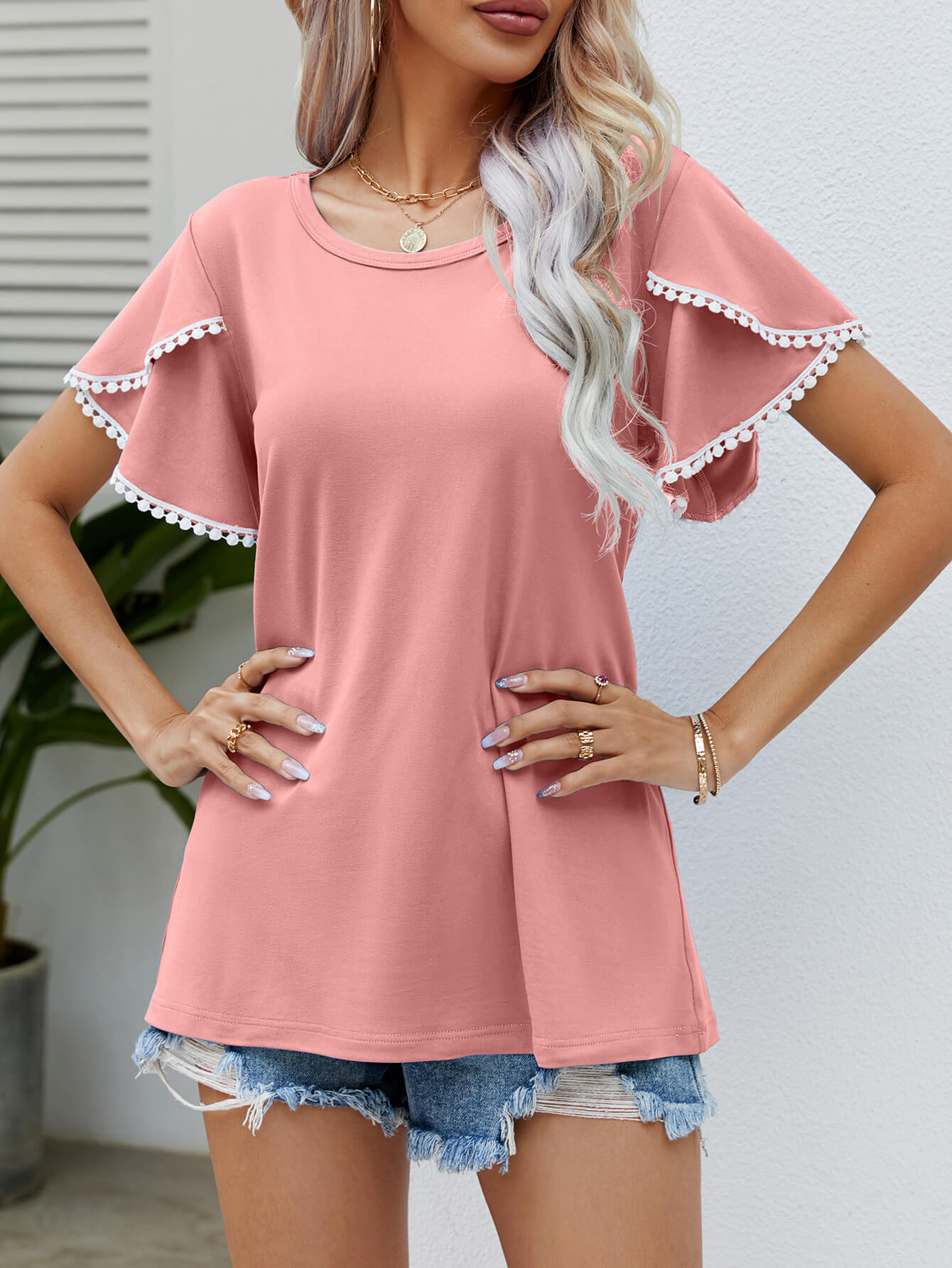 Pom-Pom Trim Flutter Sleeve Round Neck Tee