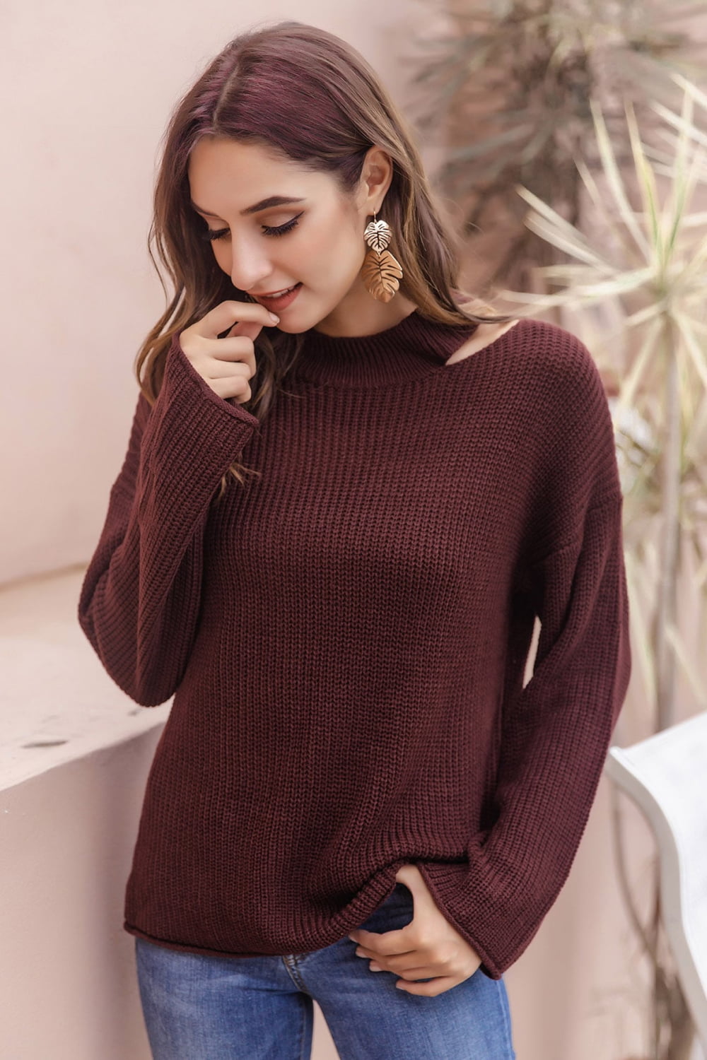 Round Neck Cutout Dropped Shoulder Sweater