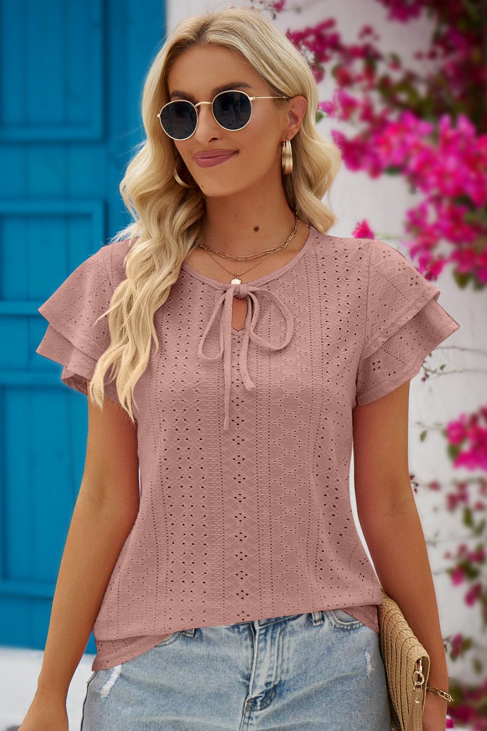 Eyelet Tie-Neck Flutter Sleeve Blouse