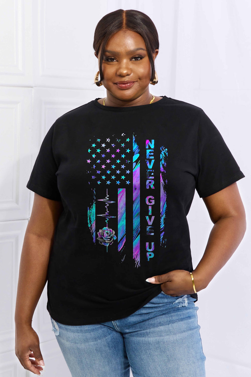 Simply Love Full Size NEVER GIVE UP Graphic Cotton Tee