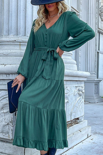 Buttoned V-Neck Puff Sleeve Tiered Dress