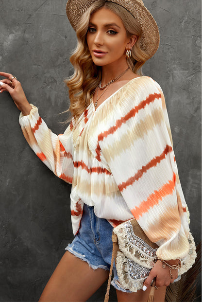 Striped Balloon Sleeve V-Neck Babydoll Blouse