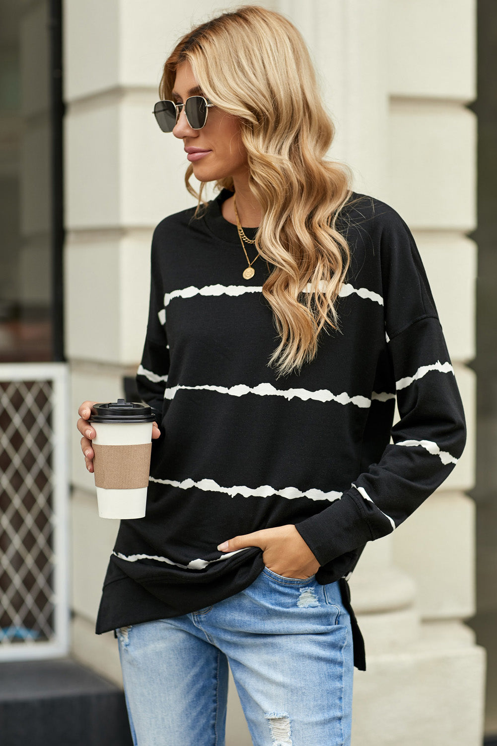 Striped Side Slit Round Neck Sweatshirt