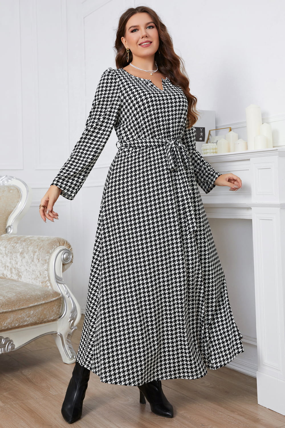 Plus Size Notched Neck Houndstooth Tie Belt Maxi Dress