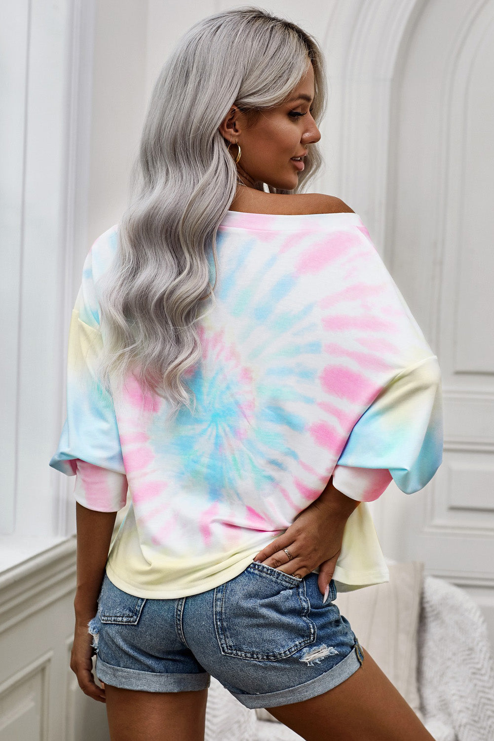 Tie-Dye Boat Neck Batwing Sleeve Tee