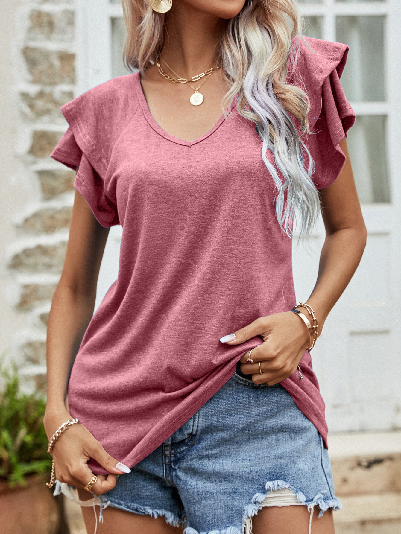 Layered Flutter Sleeve V-Neck Top