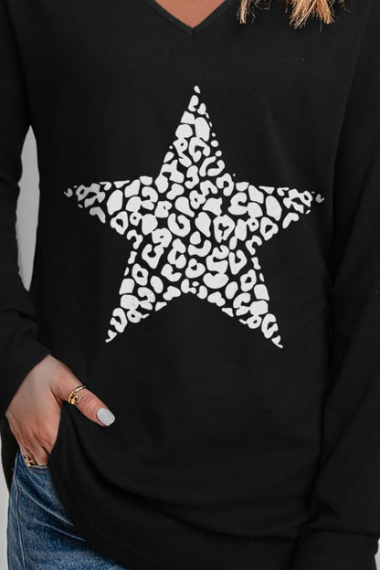 Leopard Star Graphic V-Neck Top