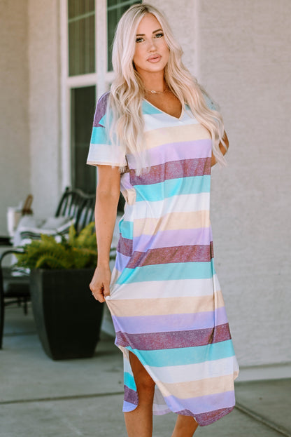 Striped V-Neck Curved Hem Midi Dress