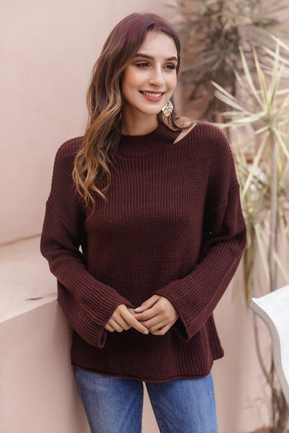 Round Neck Cutout Dropped Shoulder Sweater