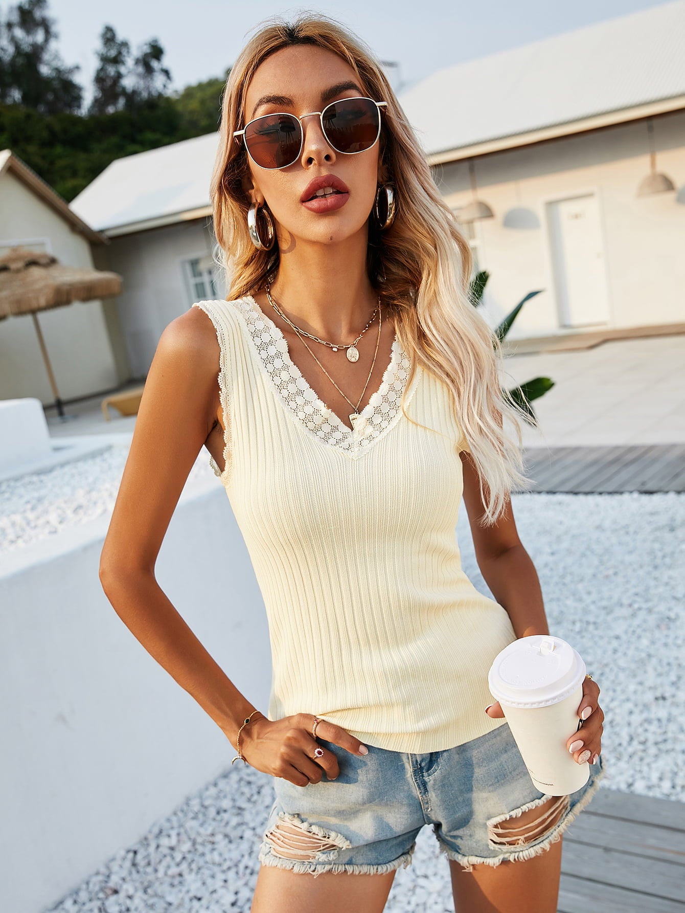 Lace Trim V-Neck Ribbed Knit Tank