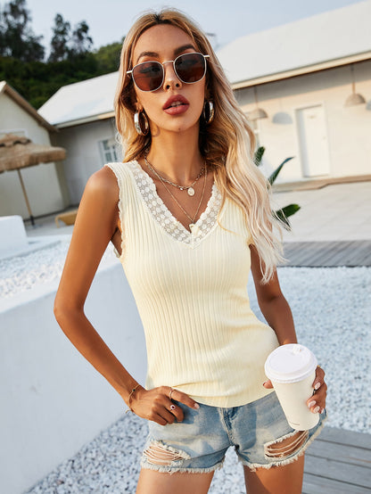 Lace Trim V-Neck Ribbed Knit Tank