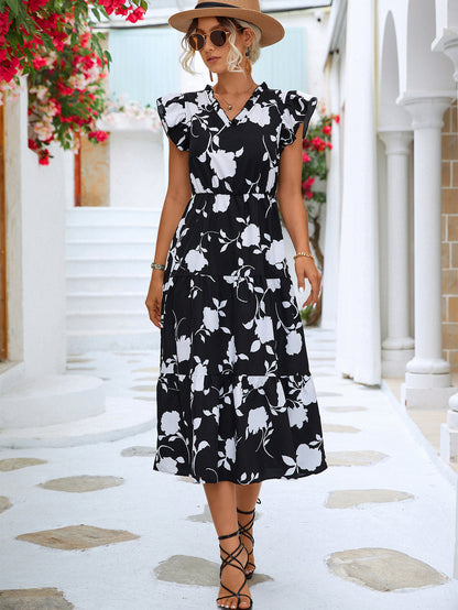 Floral Frill Trim V-Neck Tiered Midi Dress