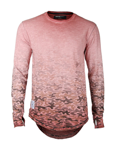 Men's Long Sleeve Camouflage Longline Round Bottom Oil Wash T-shirts-0