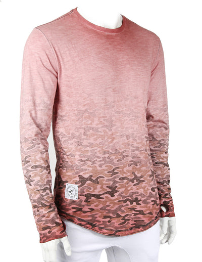 Men's Long Sleeve Camouflage Longline Round Bottom Oil Wash T-shirts-1