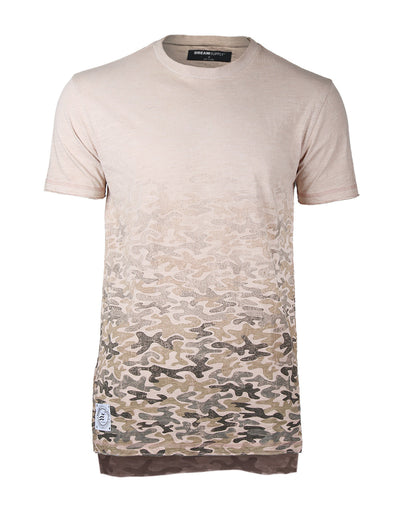 Men's Short Sleeve Camouflage Longline Side Slit Oil Wash T-shirts BROWN-1