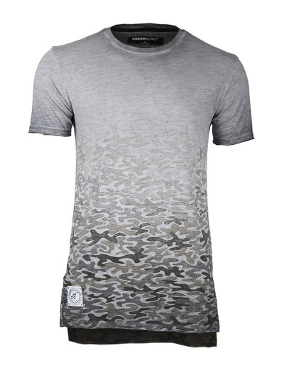 Men's Short Sleeve Camouflage Longline Side Slit Oil Wash T-shirts BROWN-0