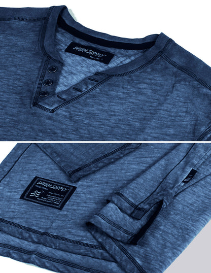 ZIMEGO Mens Long Sleeve V-Neck Henley Oil Wash Contrast Seam Vintage Shirt-3