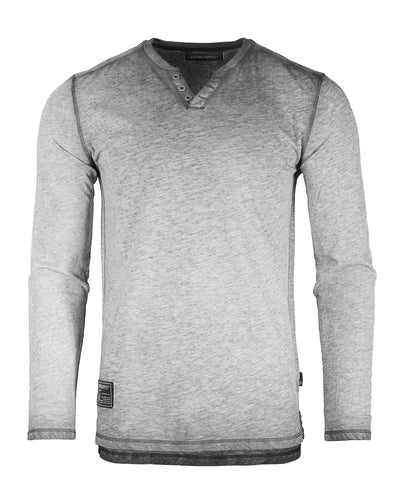 ZIMEGO Mens Long Sleeve V-Neck Henley Oil Wash Contrast Seam Vintage Shirt - Silver Grey-0