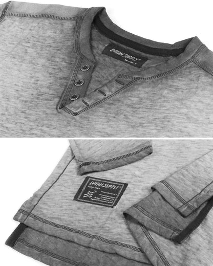 ZIMEGO Mens Long Sleeve V-Neck Henley Oil Wash Contrast Seam Vintage Shirt - Silver Grey-3