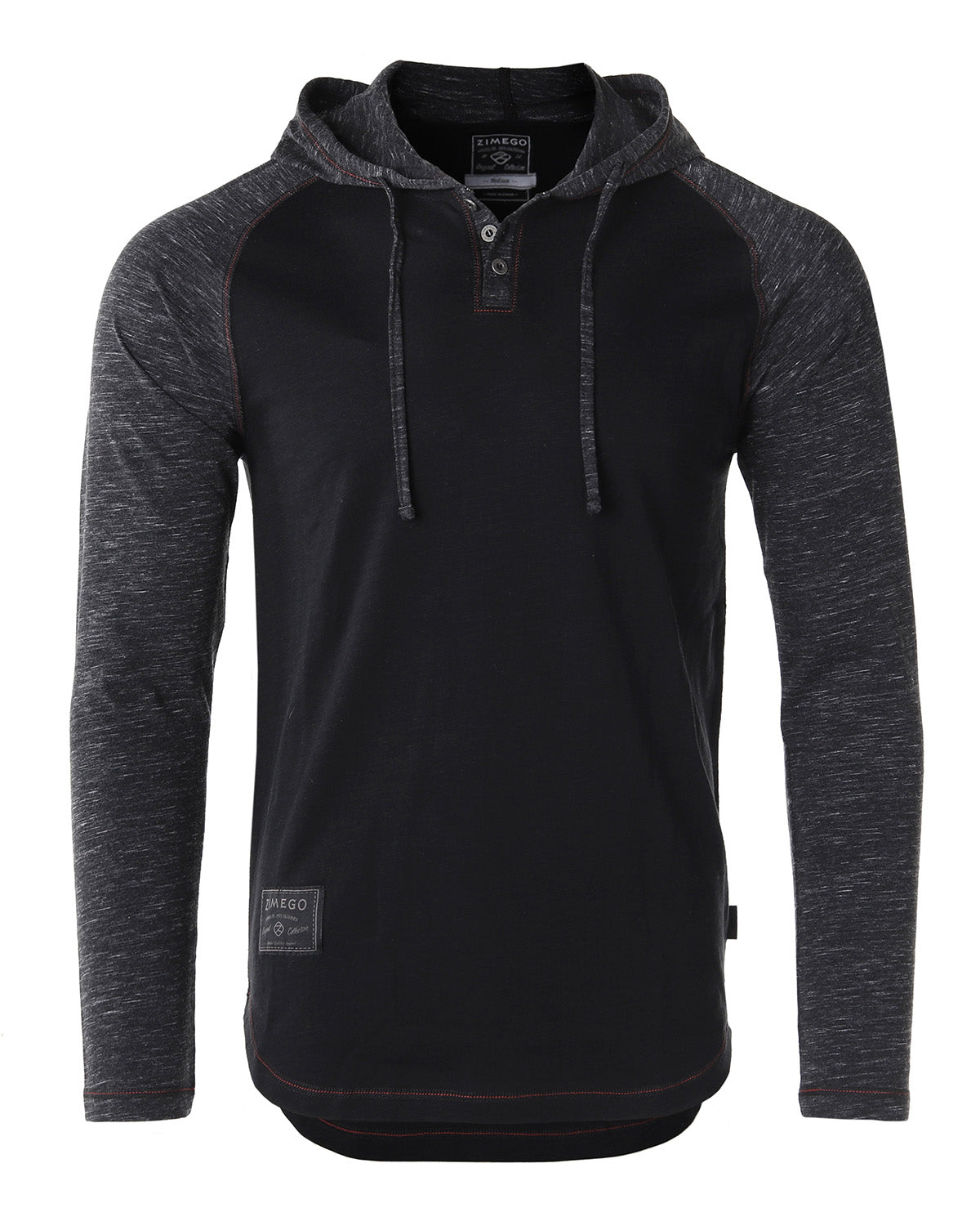 ZIMEGO Long Sleeve Raglan Henley Round Bottom Hood T-Shirts - BLACK / BLACK-0