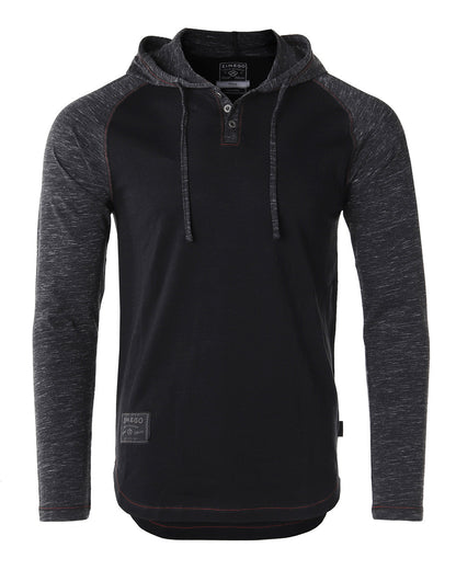ZIMEGO Long Sleeve Raglan Henley Round Bottom Hood T-Shirts - BLACK / BLACK-0