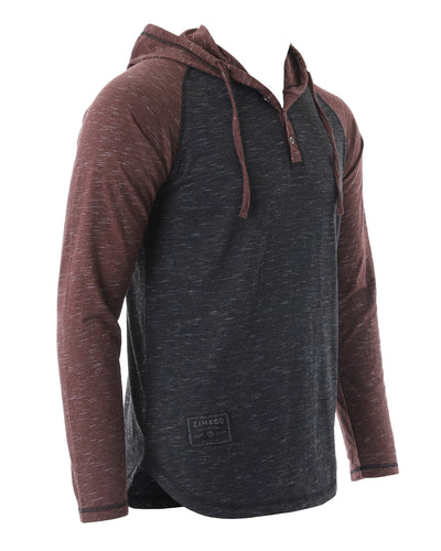 ZIMEGO Long Sleeve Raglan Henley Round Bottom Hood T-Shirts - BLACK / MAROON-1