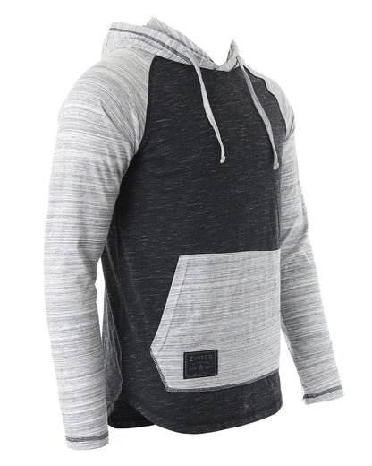 ZIMEGO Long Sleeve Raglan Henley Round Bottom Hood T-Shirts - BLACK / GREY-1