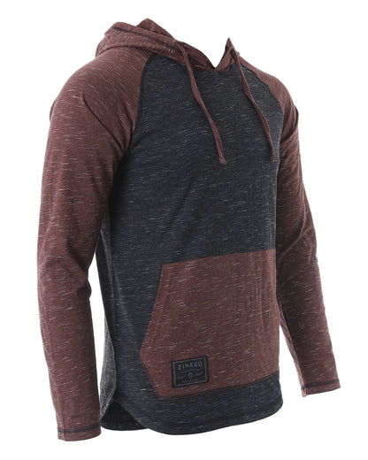 ZIMEGO Long Sleeve Raglan Henley Round Bottom Hood T-Shirts - BLACK / MAROON-1