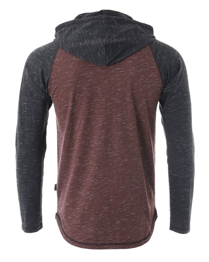 ZIMEGO Long Sleeve Raglan Henley Round Bottom Hood T-Shirts - MAROON / BLACK-1