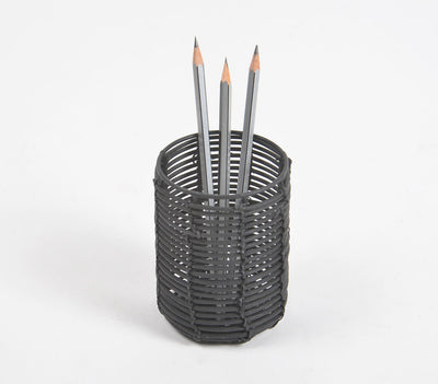 Handwoven Cane & Iron Black Cylindrical Pen Stand-0