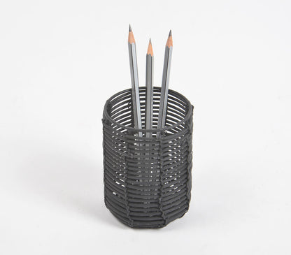 Handwoven Cane &amp; Iron Black Cylindrical Pen Stand-0