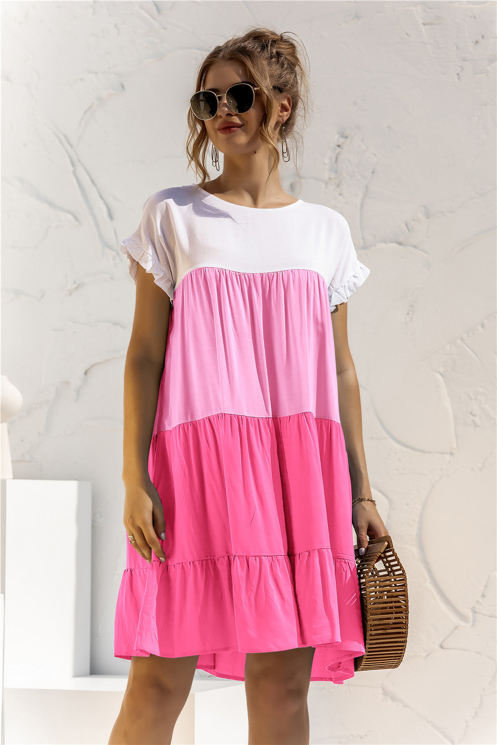 Color Block Round Neck Ruffle Hem Dress