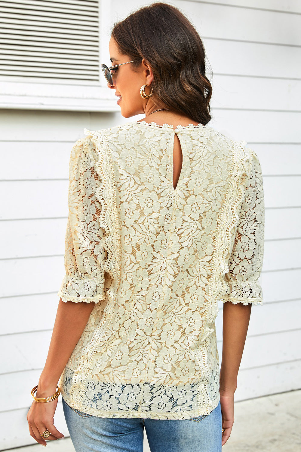 Lace V-Neck Flounce Sleeve Top