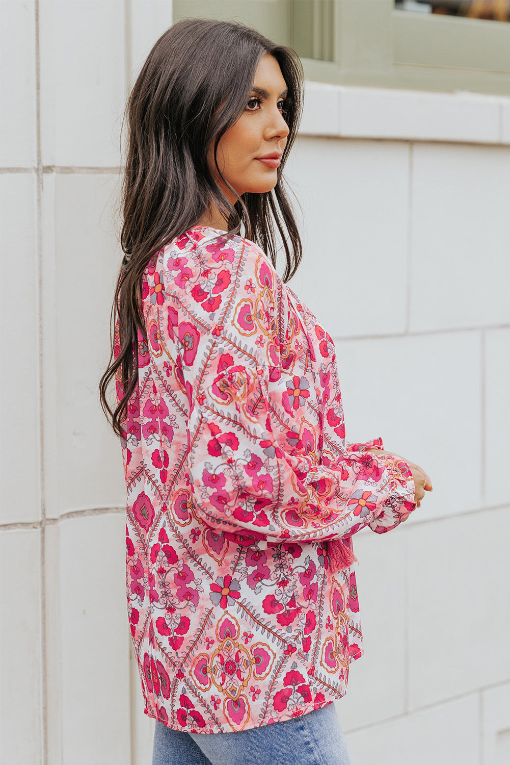 Floral Button-Up Flounce Sleeve Blouse