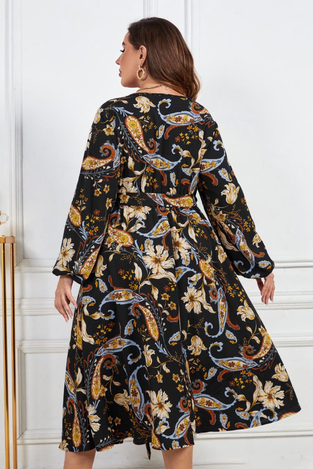 Plus Size Floral Print Tie Belt Balloon Sleeve Midi Dress