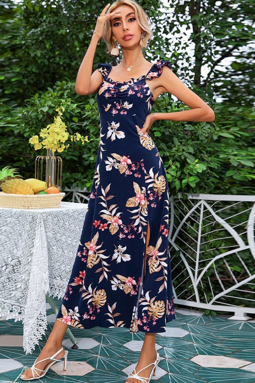 Floral Print Sleeveless Square Neck Slit Midi Dress