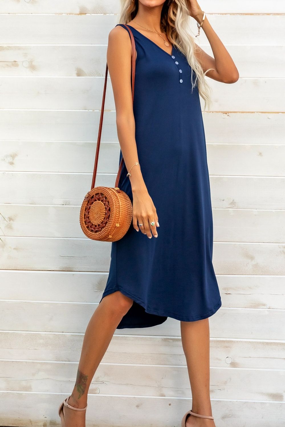 Buttoned V-Neck Curved Hem Sleeveless Dress