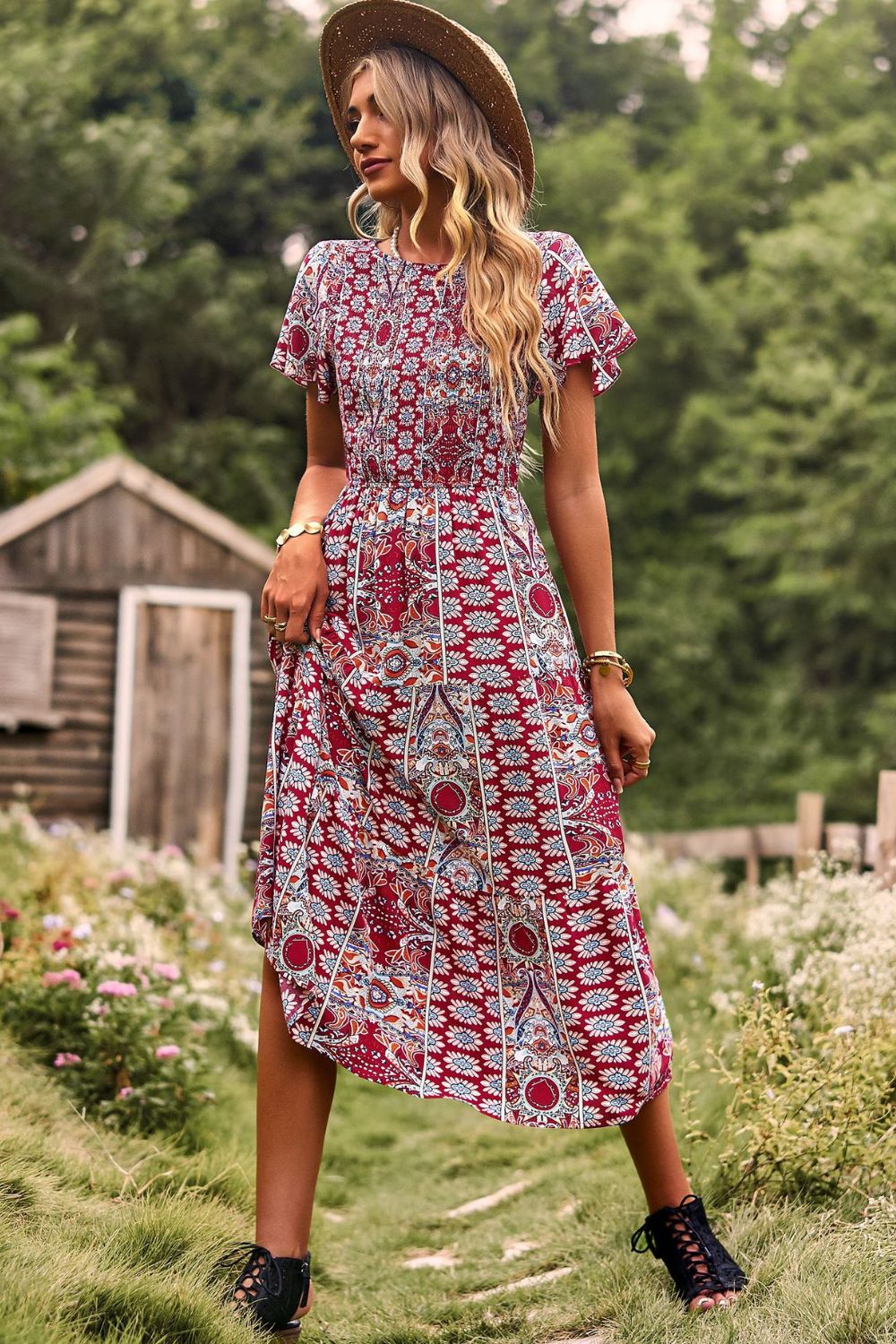 Printed Tie Back Flutter Sleeve Dress