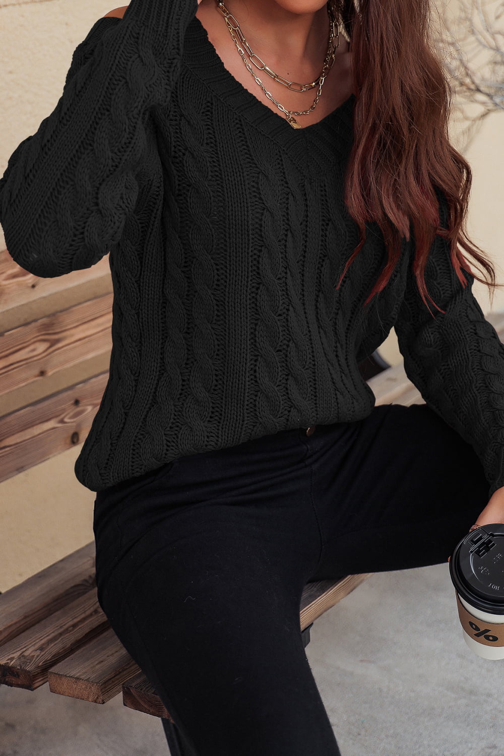 Cable-Knit Cold-Shoulder Long Sleeve Sweater