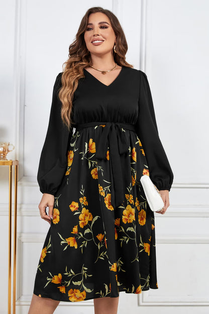 Plus Size Floral Print Tie Belt V-Neck Balloon Sleeve Midi Dress