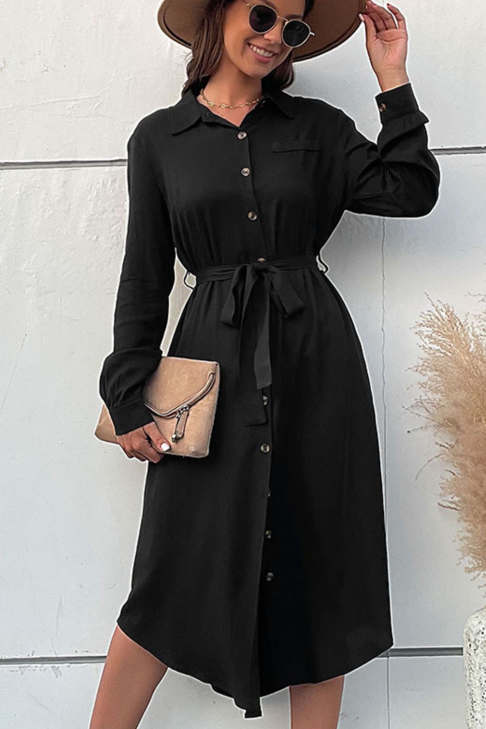 Curved Hem Belted Long Sleeve Shirt Dress