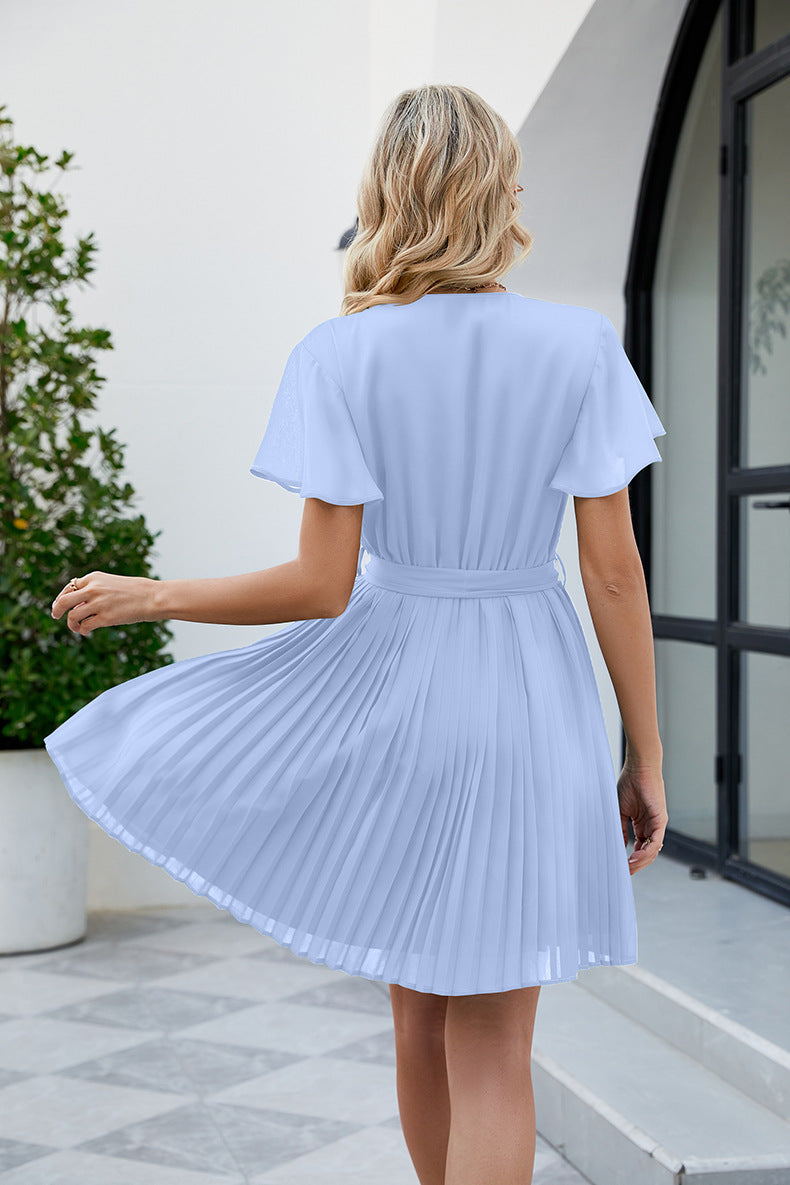 Surplice Neck Tie Waist Flutter Sleeve Pleated Dress