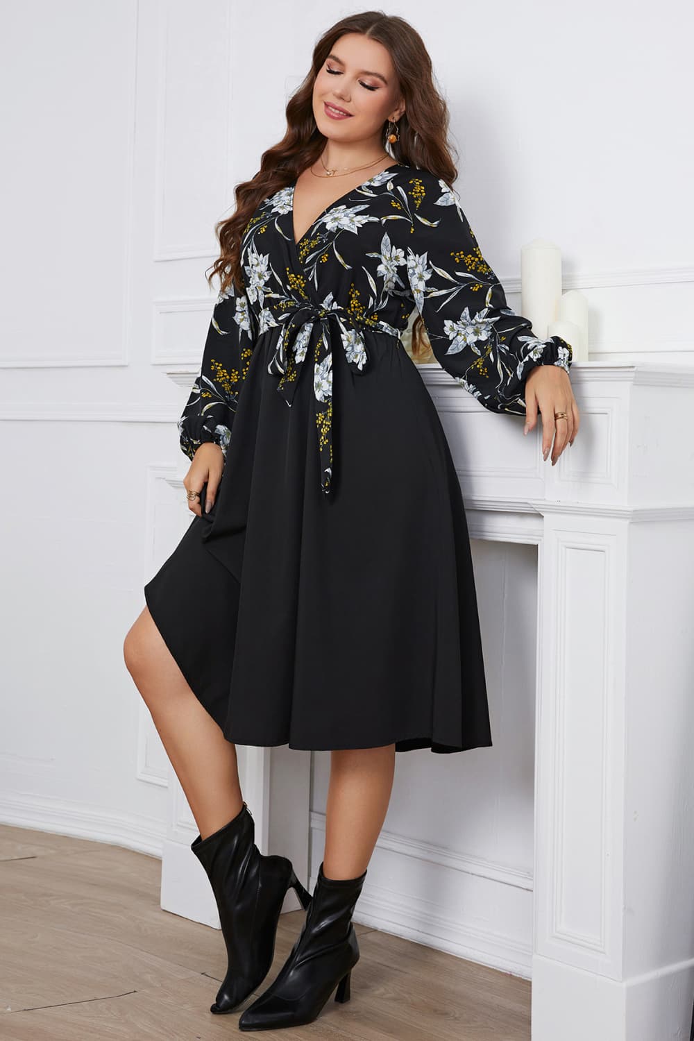 Plus Size Floral Print Surplice Neck Tie Belt Midi Dress