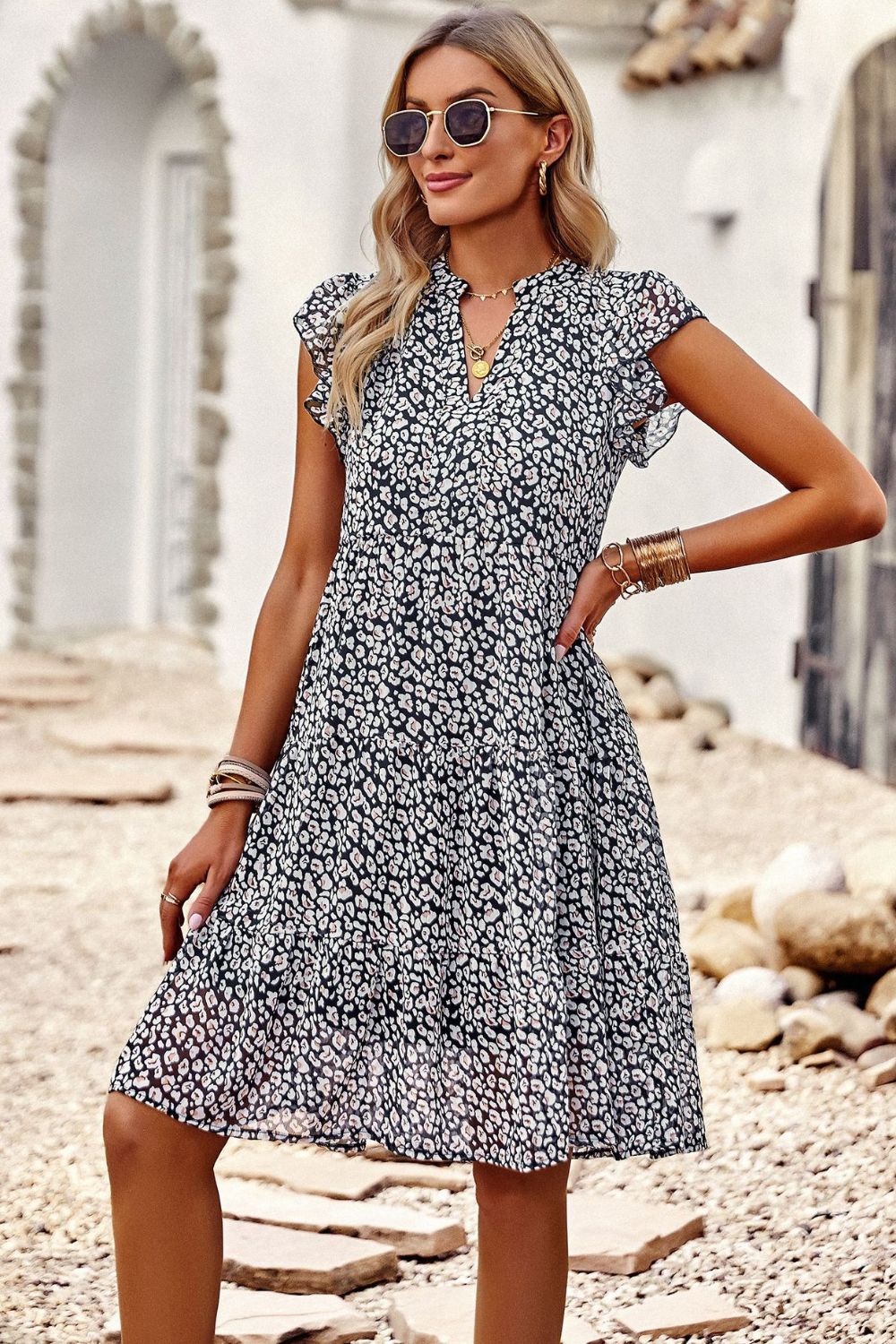 Floral Flutter Sleeve Notched Neck Tiered Dress