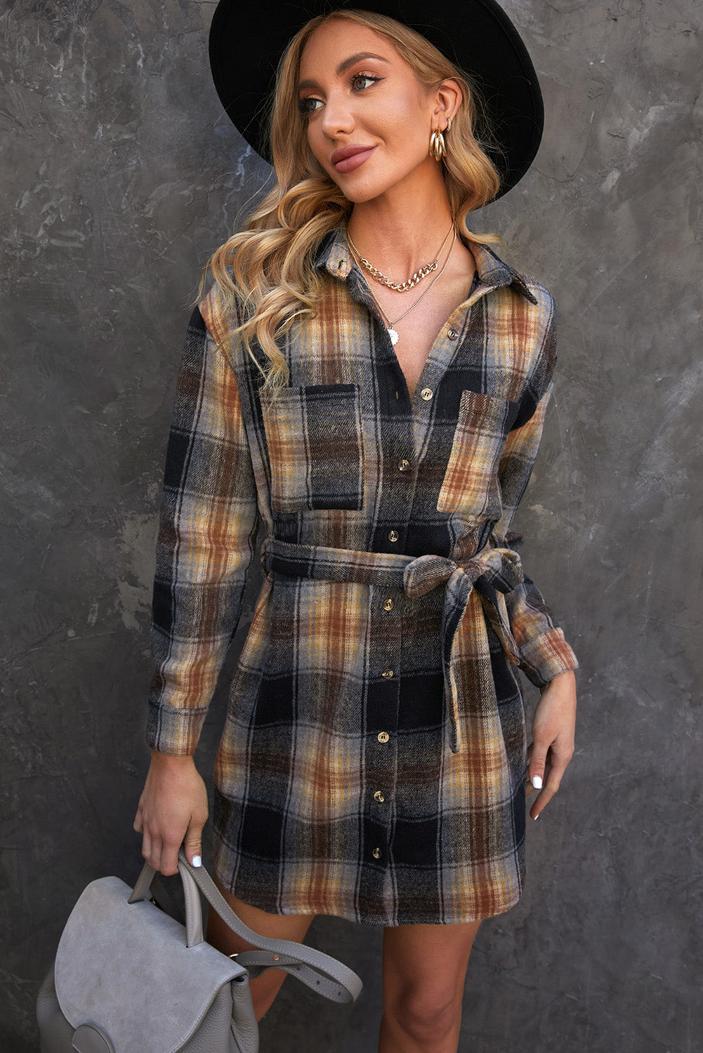 Plaid Tie Waist Button Down Shirt Dress