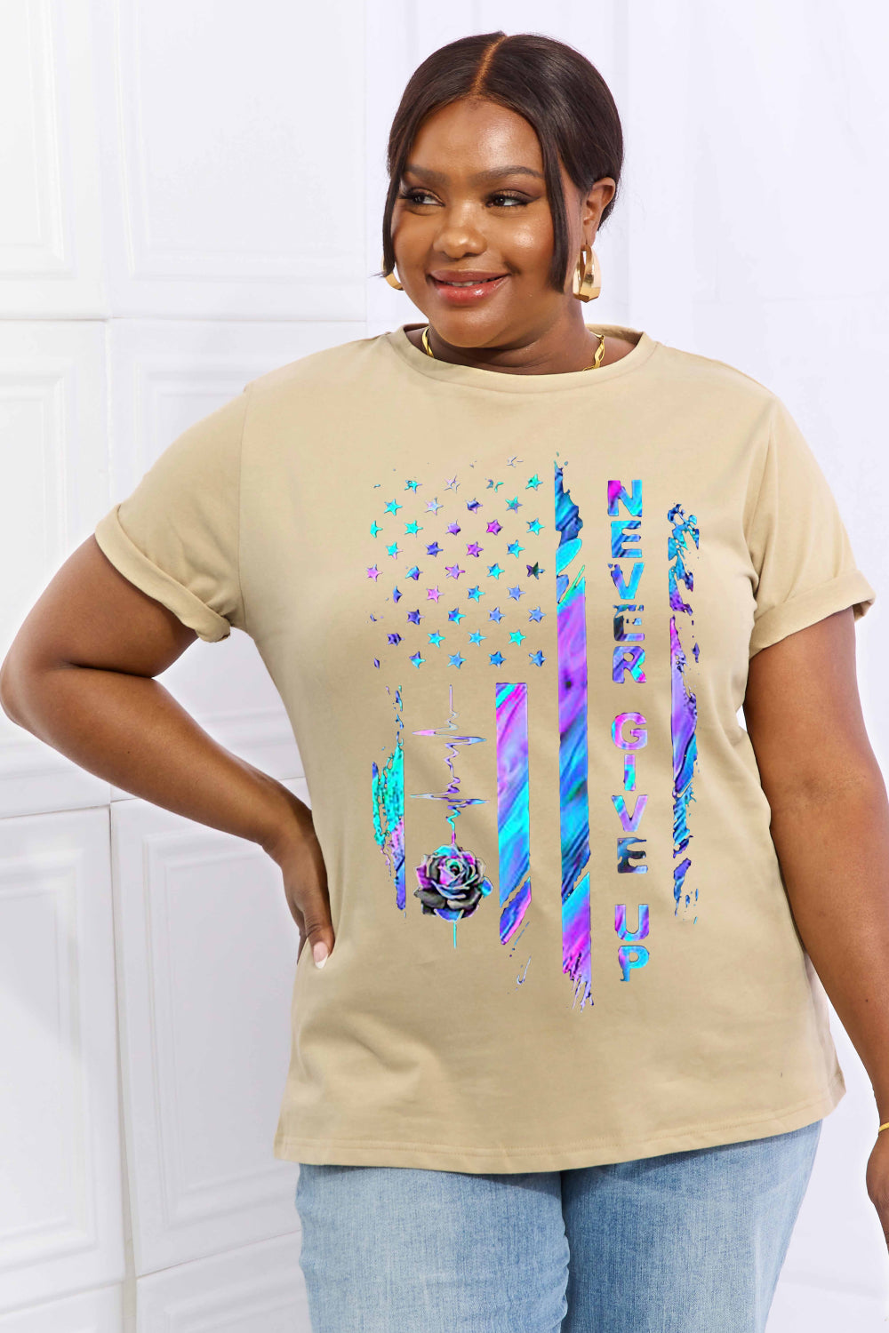 Simply Love Full Size NEVER GIVE UP Graphic Cotton Tee